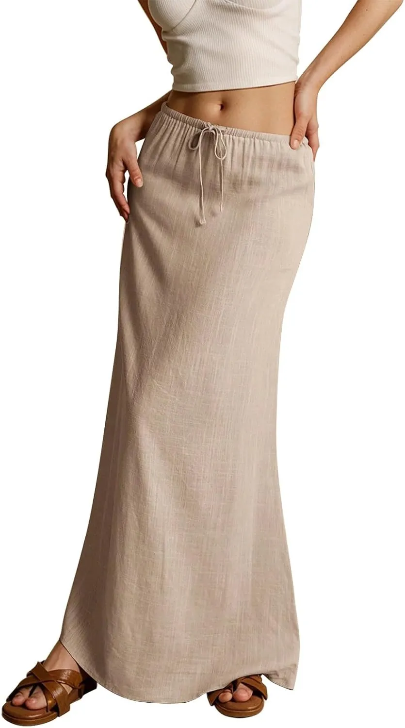 Linen Maxi Skirts for Women 2025 Summer Drawstring Waist A Line Skirts Vacation Trendy Comfy Boho Long Flowy Skirt