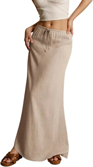 Linen Maxi Skirts for Women 2025 Summer Drawstring Waist A Line Skirts Vacation Trendy Comfy Boho Long Flowy Skirt