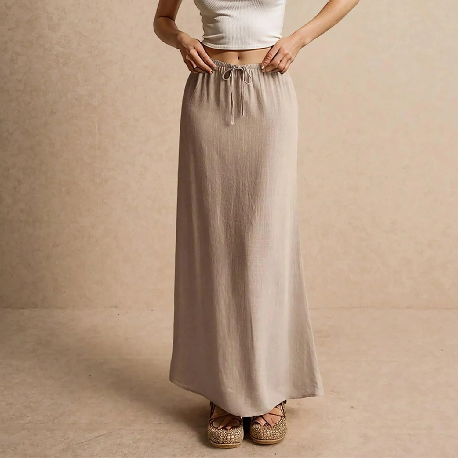 Linen Maxi Skirts for Women 2025 Summer Drawstring Waist A Line Skirts Vacation Trendy Comfy Boho Long Flowy Skirt