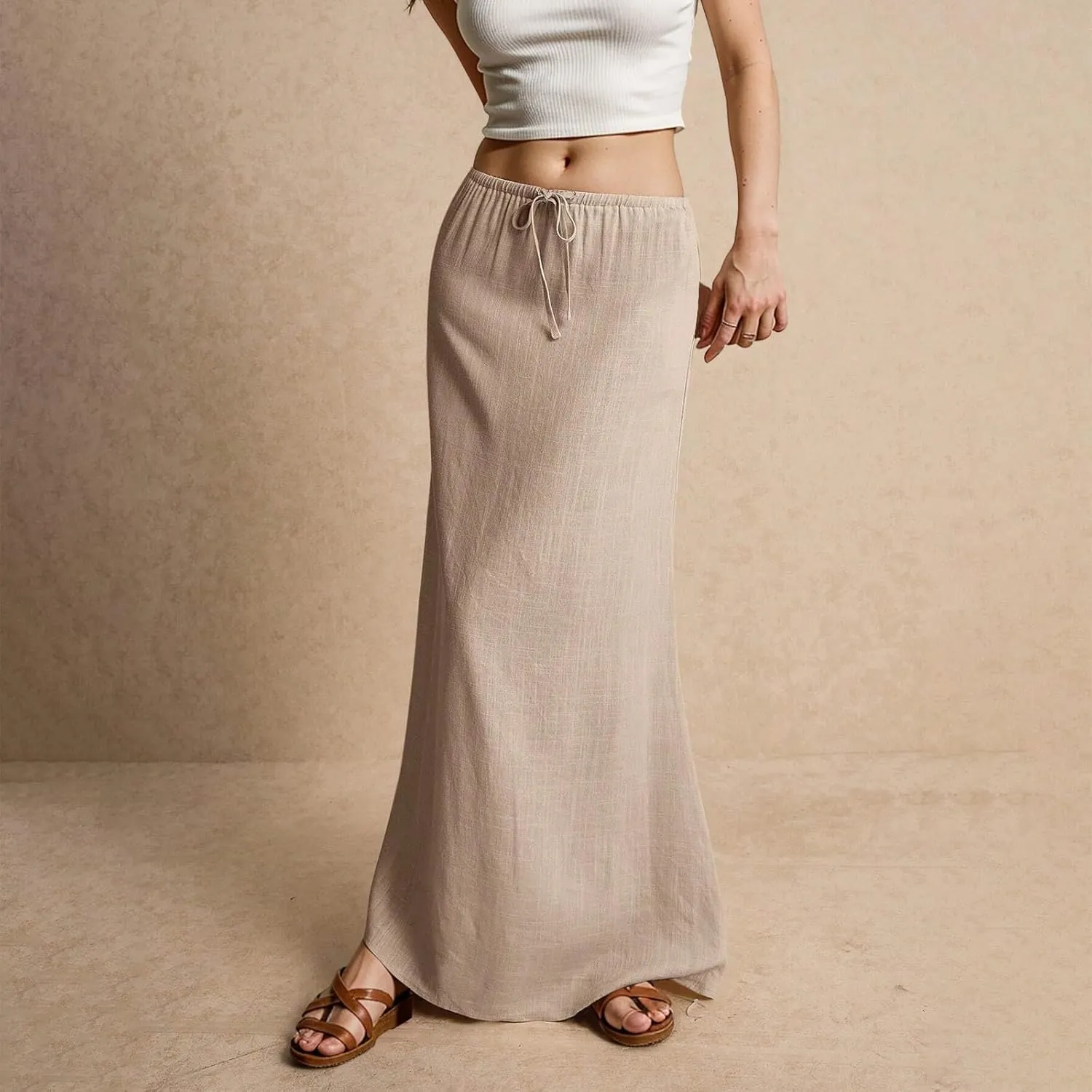 Linen Maxi Skirts for Women 2025 Summer Drawstring Waist A Line Skirts Vacation Trendy Comfy Boho Long Flowy Skirt