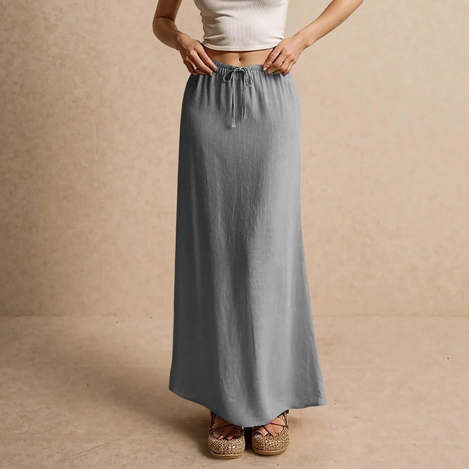 Linen Maxi Skirts for Women Summer 2025 Vacation Boho Skirt Comfy Drawstring Low Waist A Line Skirt Long Cover Ups