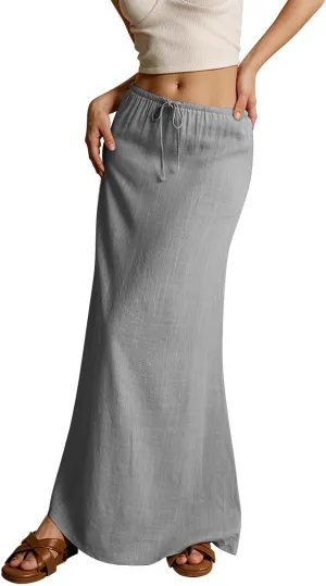 Linen Maxi Skirts for Women Summer 2025 Vacation Boho Skirt Comfy Drawstring Low Waist A Line Skirt Long Cover Ups