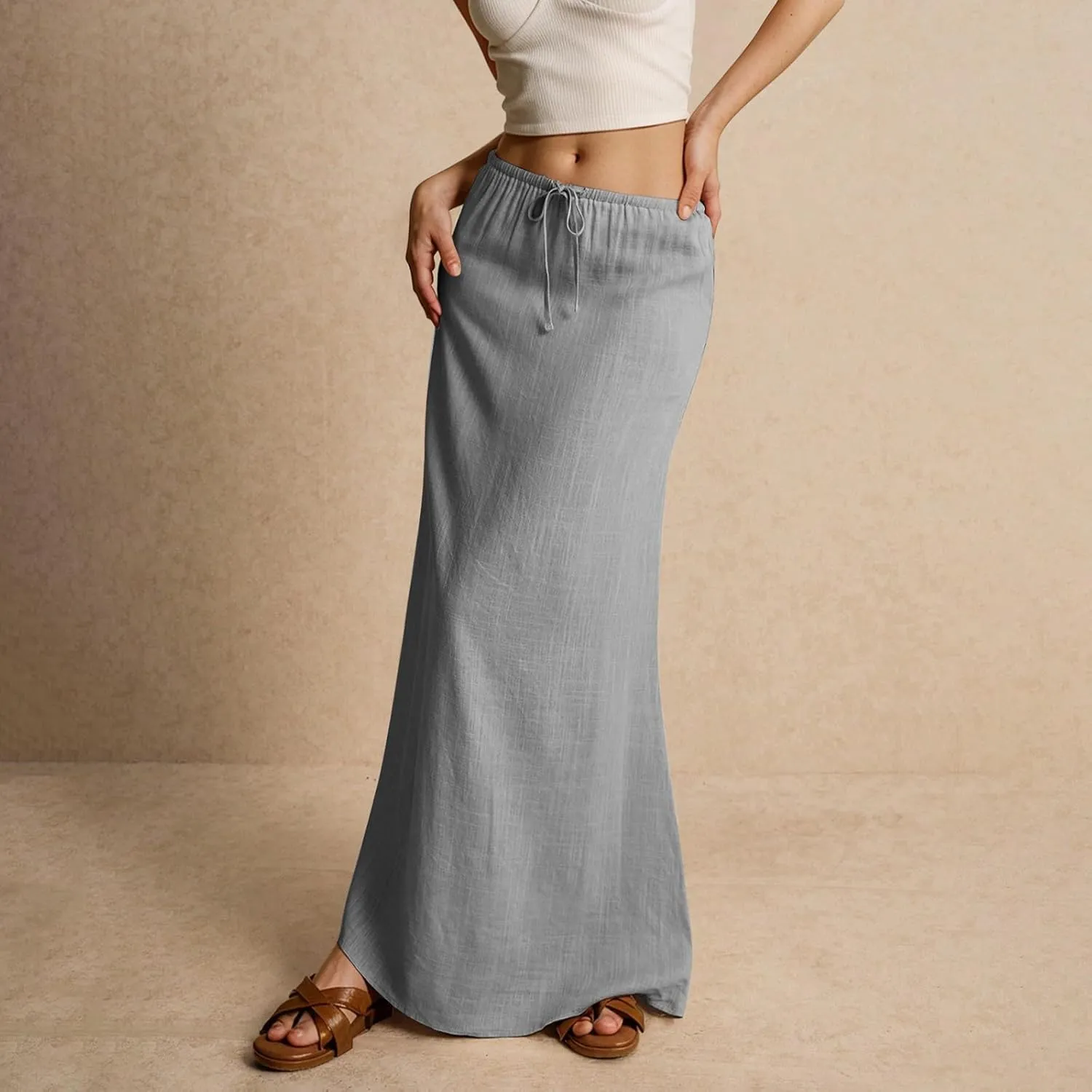 Linen Maxi Skirts for Women Summer 2025 Vacation Boho Skirt Comfy Drawstring Low Waist A Line Skirt Long Cover Ups