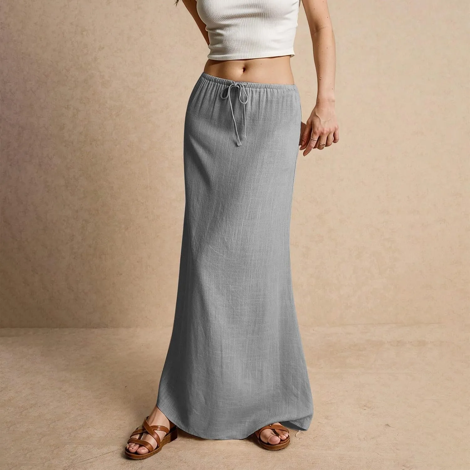 Linen Maxi Skirts for Women Summer 2025 Vacation Boho Skirt Comfy Drawstring Low Waist A Line Skirt Long Cover Ups