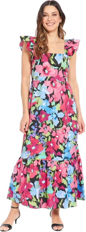 London Times Women's Elastic Ruffle Sleeve Square Neck Maxi Dress Easy Summer Fun Vacation