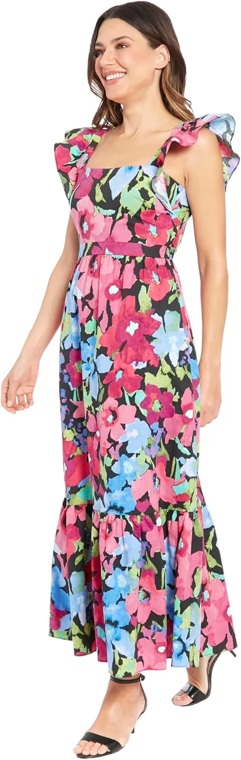 London Times Women's Elastic Ruffle Sleeve Square Neck Maxi Dress Easy Summer Fun Vacation