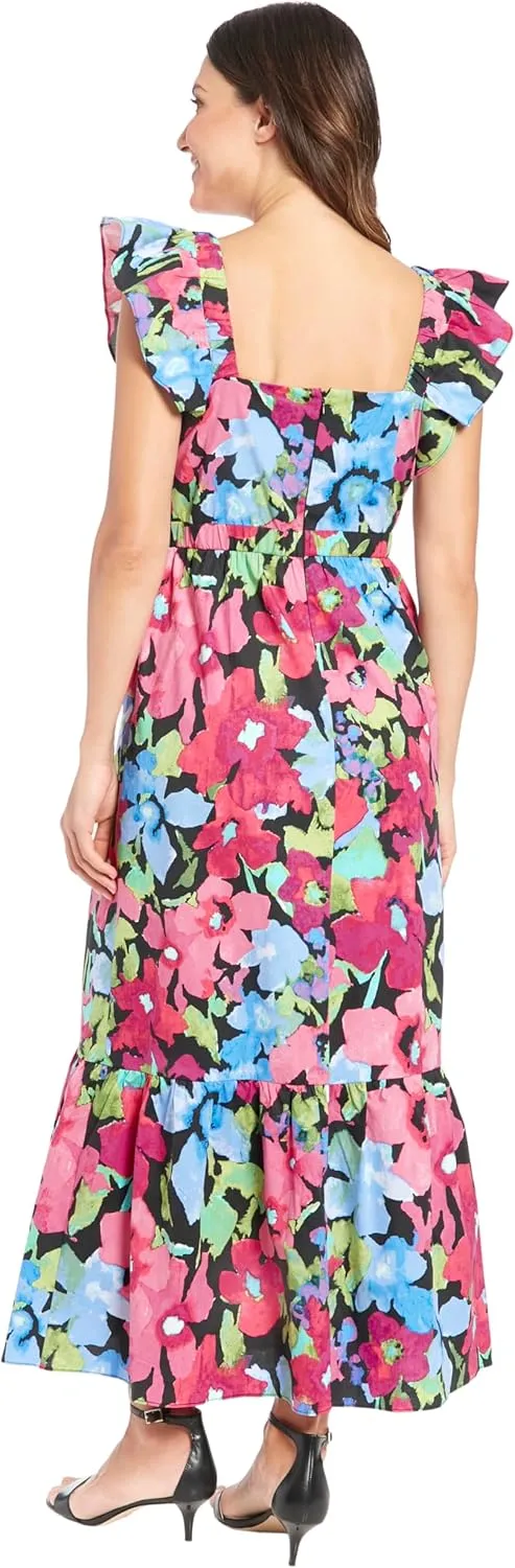 London Times Women's Elastic Ruffle Sleeve Square Neck Maxi Dress Easy Summer Fun Vacation