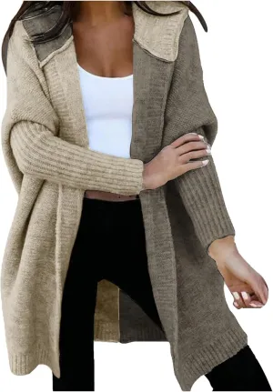 Long Cardigan Sweaters for Women Winter Coats Color Block Knit Sweater Fall Jackets with Hood Long Trench Coat