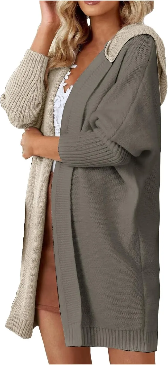 Long Cardigan Sweaters for Women Winter Coats Color Block Knit Sweater Fall Jackets with Hood Long Trench Coat