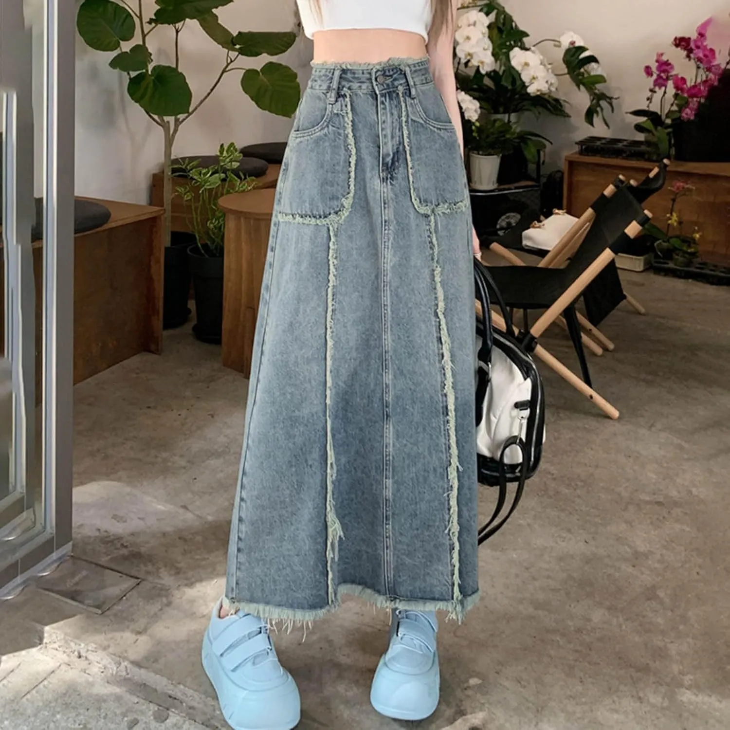 Long Denim Skirts for Women High Waist Denim Maxi Skirt Flared Jean Skirt Pencil Jean Skirts Y2k with Pockets