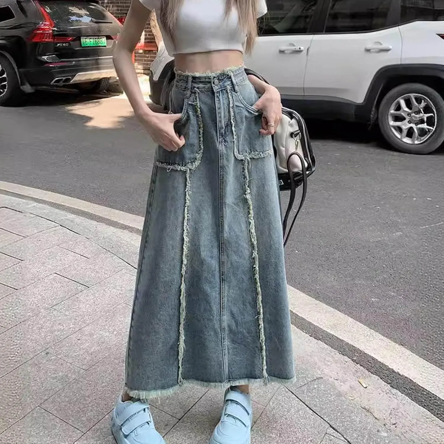 Long Denim Skirts for Women High Waist Denim Maxi Skirt Flared Jean Skirt Pencil Jean Skirts Y2k with Pockets