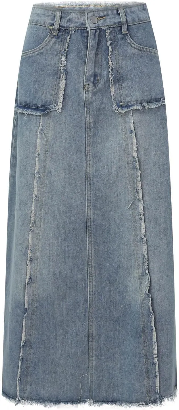 Long Denim Skirts for Women High Waist Denim Maxi Skirt Flared Jean Skirt Pencil Jean Skirts Y2k with Pockets