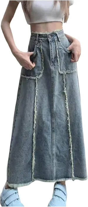 Long Denim Skirts for Women High Waist Denim Maxi Skirt Flared Jean Skirt Pencil Jean Skirts Y2k with Pockets