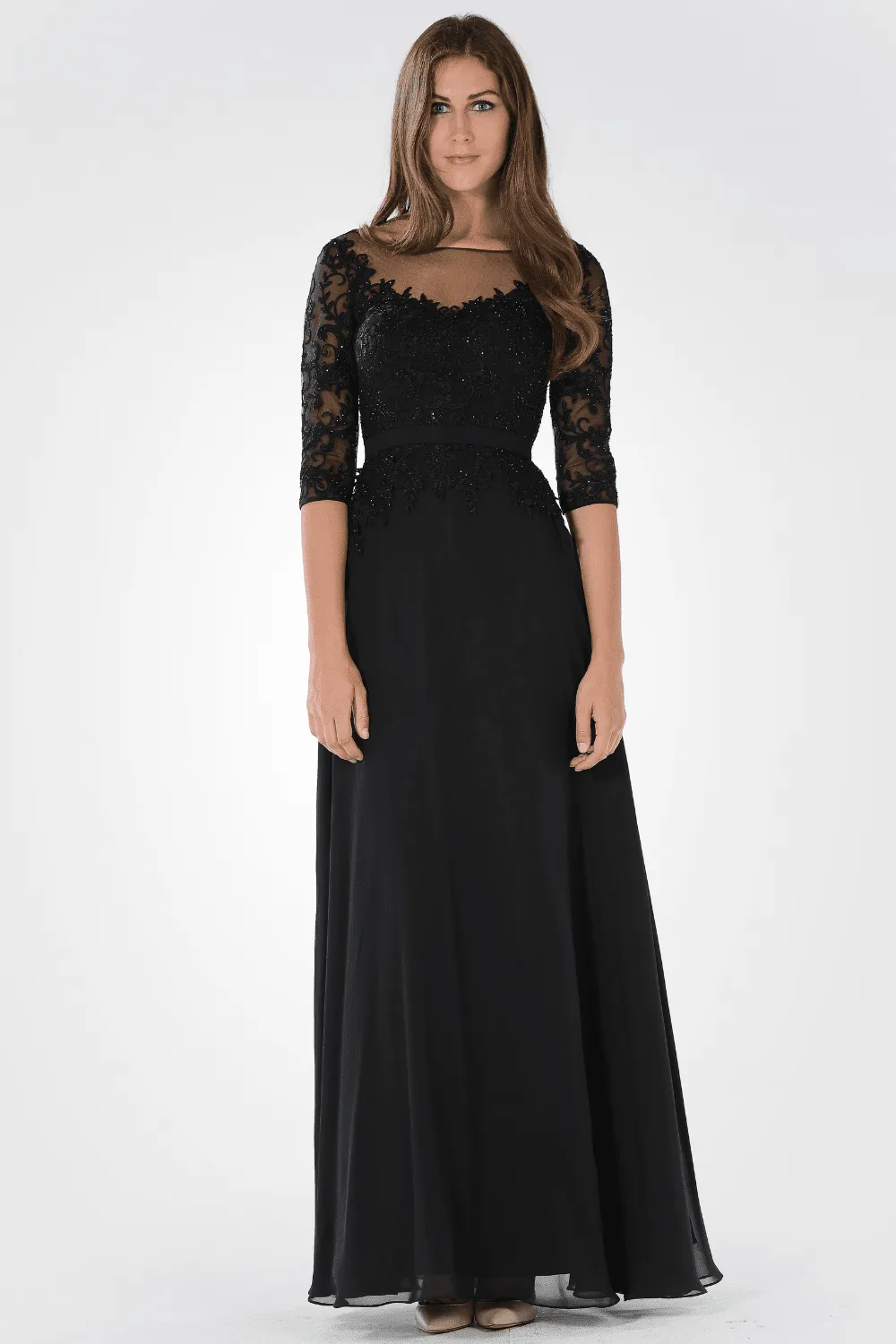 Long Dress with Illusion Lace Sleeves by Poly USA 7598