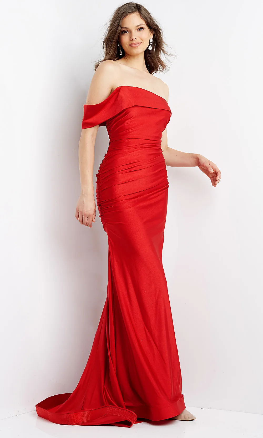 Long JVN by Jovani Off-the-Shoulder Red Prom Dress