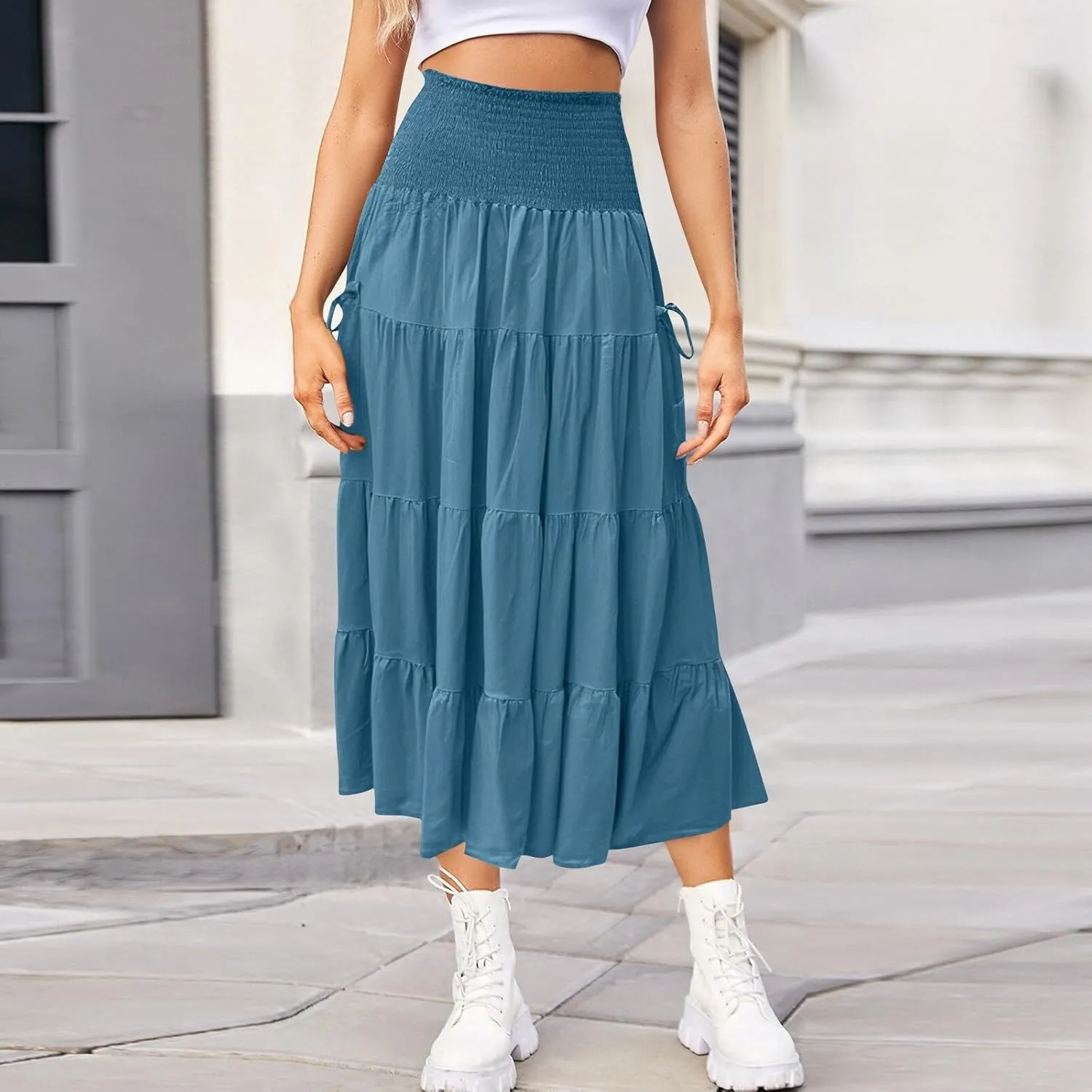 Long Maxi Skirts for Women Boho Solid High Waisted Casual A Line Skirt Pleated Beach Flowy Swing Midi Skirt