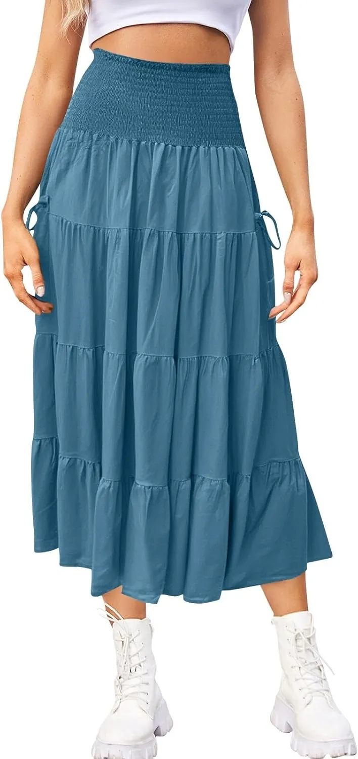 Long Maxi Skirts for Women Boho Solid High Waisted Casual A Line Skirt Pleated Beach Flowy Swing Midi Skirt