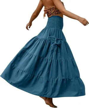 Long Maxi Skirts for Women Boho Solid High Waisted Casual A Line Skirt Pleated Beach Flowy Swing Midi Skirt