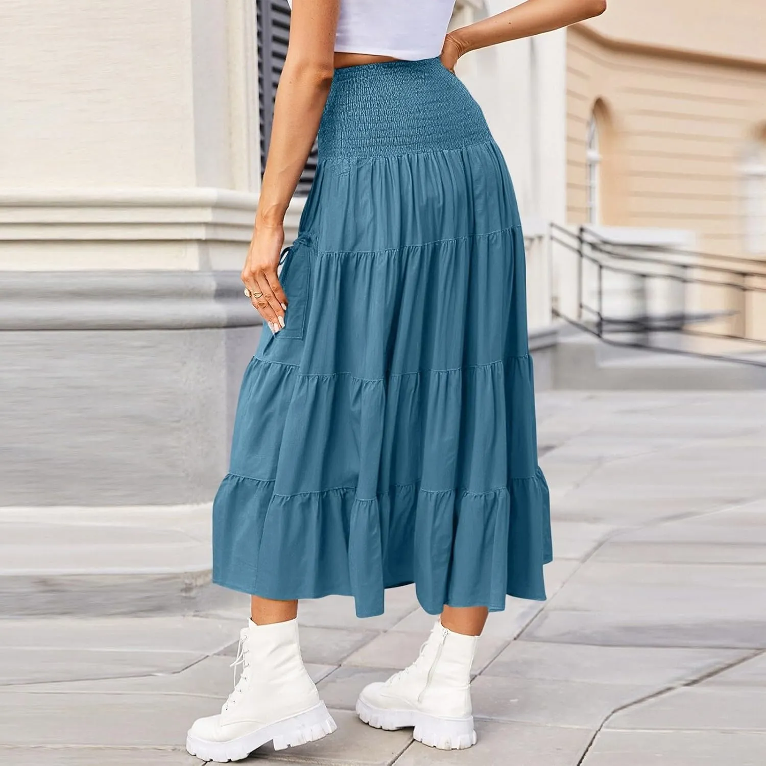 Long Maxi Skirts for Women Boho Solid High Waisted Casual A Line Skirt Pleated Beach Flowy Swing Midi Skirt