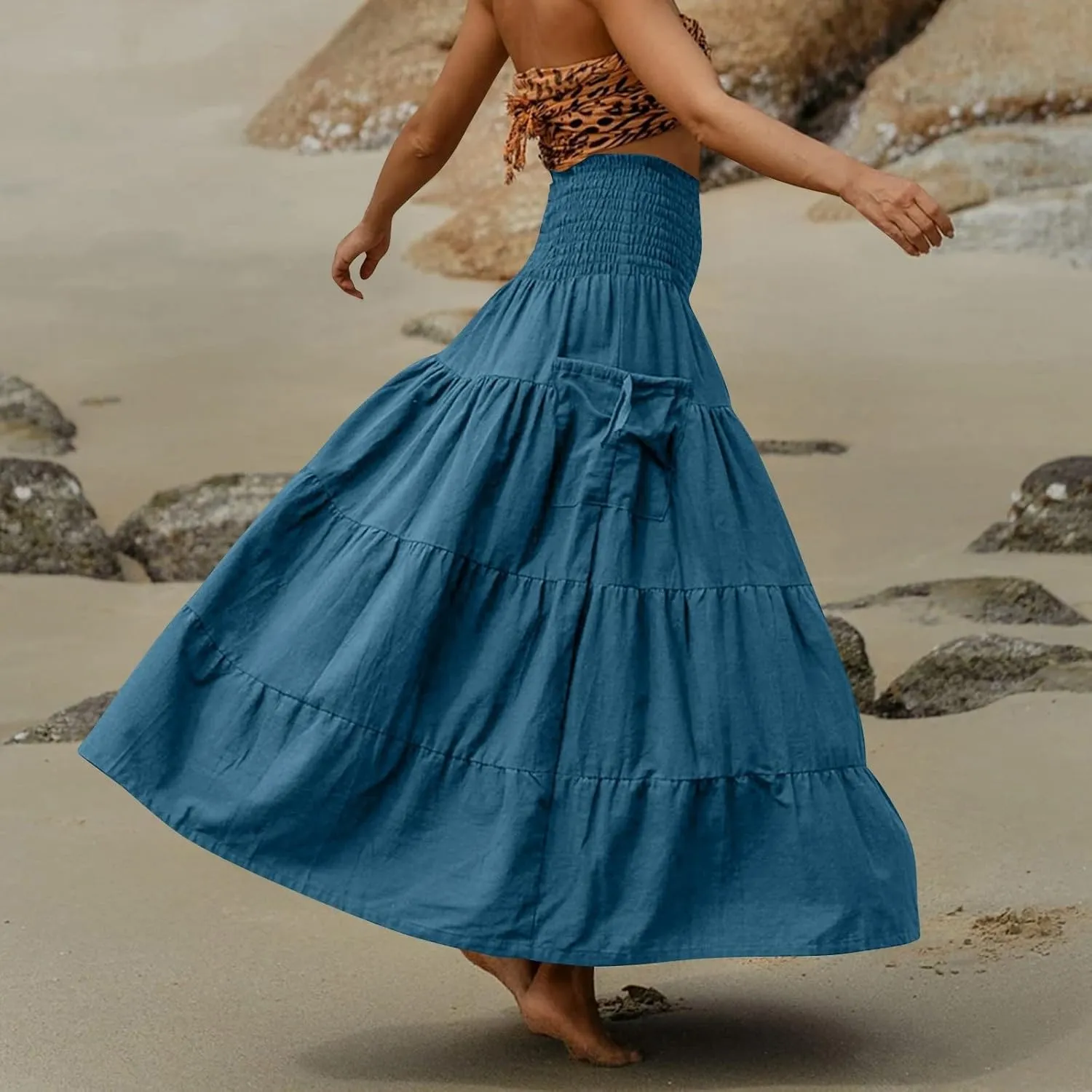 Long Maxi Skirts for Women Boho Solid High Waisted Casual A Line Skirt Pleated Beach Flowy Swing Midi Skirt
