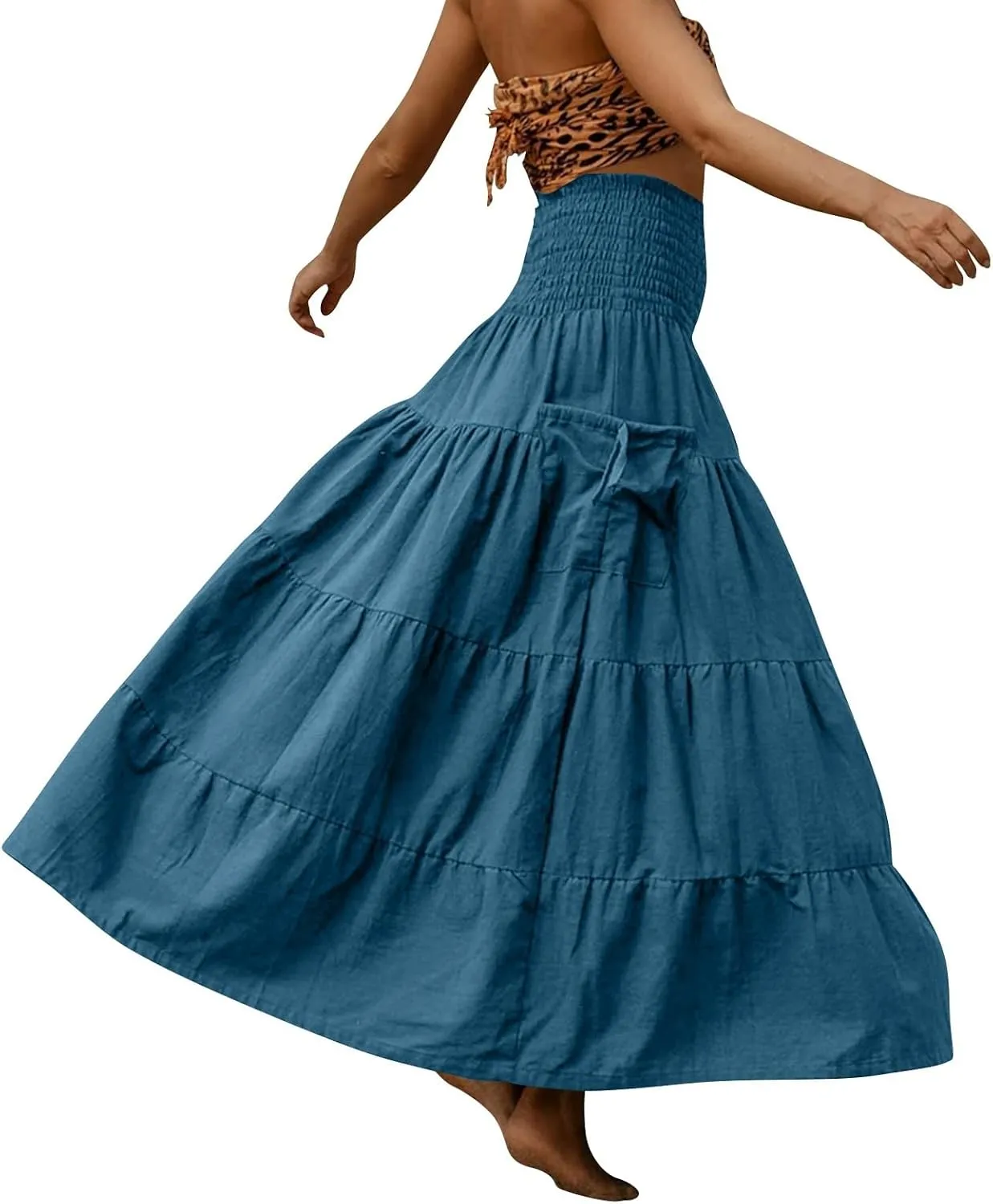 Long Maxi Skirts for Women Boho Solid High Waisted Casual A Line Skirt Pleated Beach Flowy Swing Midi Skirt