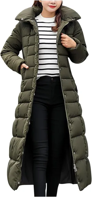 Long Puffer Jacket Women Maxi Length Quilted Down Jacket Winter Warm Padded Coat Outerwear with Fur Collar Hood