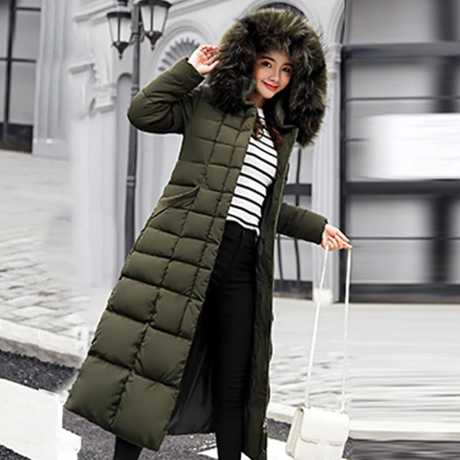 Long Puffer Jacket Women Maxi Length Quilted Down Jacket Winter Warm Padded Coat Outerwear with Fur Collar Hood
