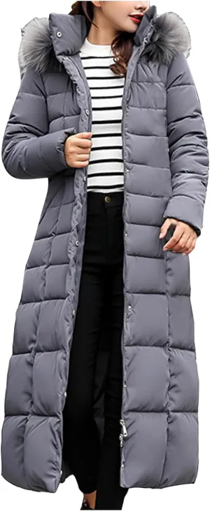 Long Puffer Jacket Women Maxi Length Quilted Down Jacket Winter Warm Padded Coat Outerwear with Fur Collar Hood