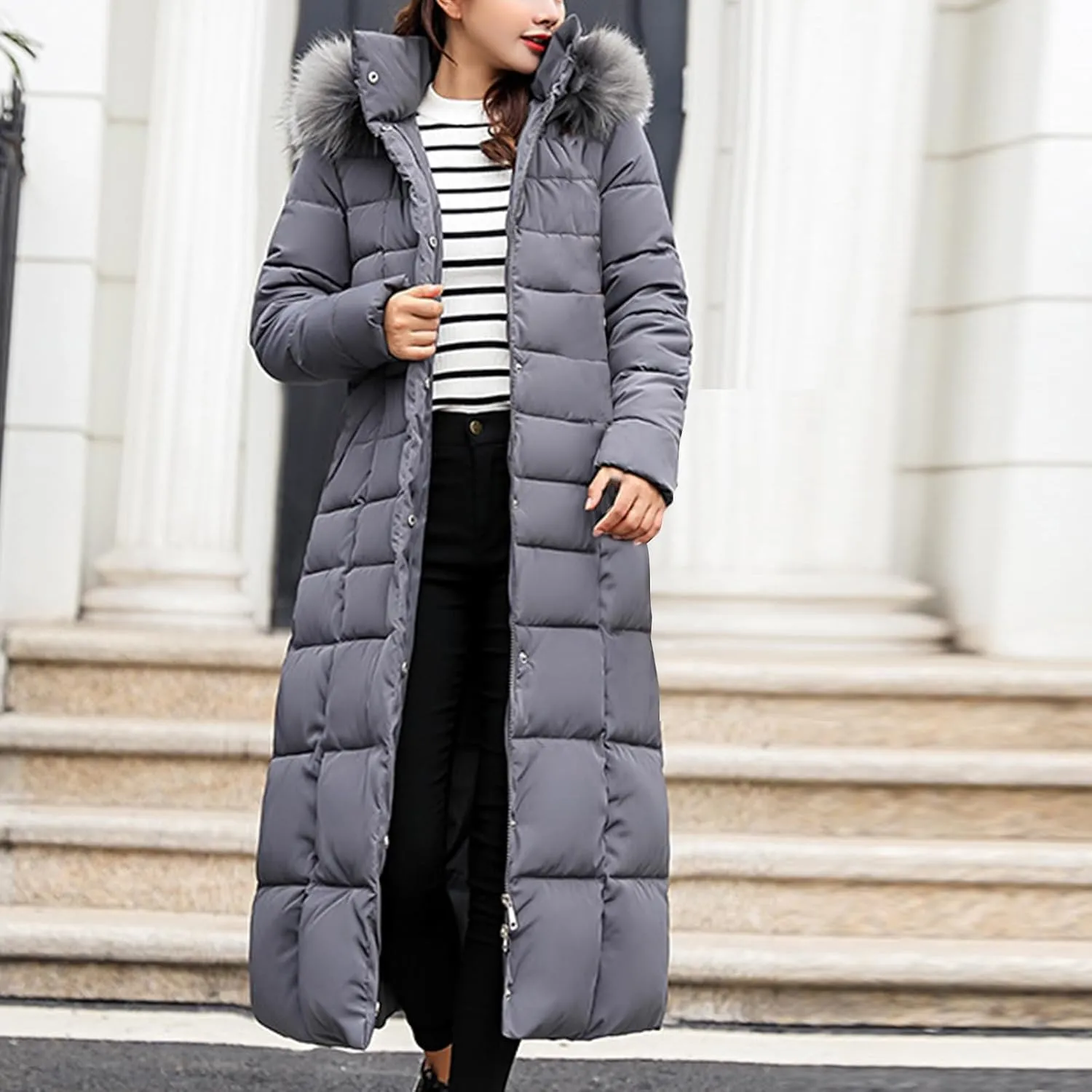 Long Puffer Jacket Women Maxi Length Quilted Down Jacket Winter Warm Padded Coat Outerwear with Fur Collar Hood