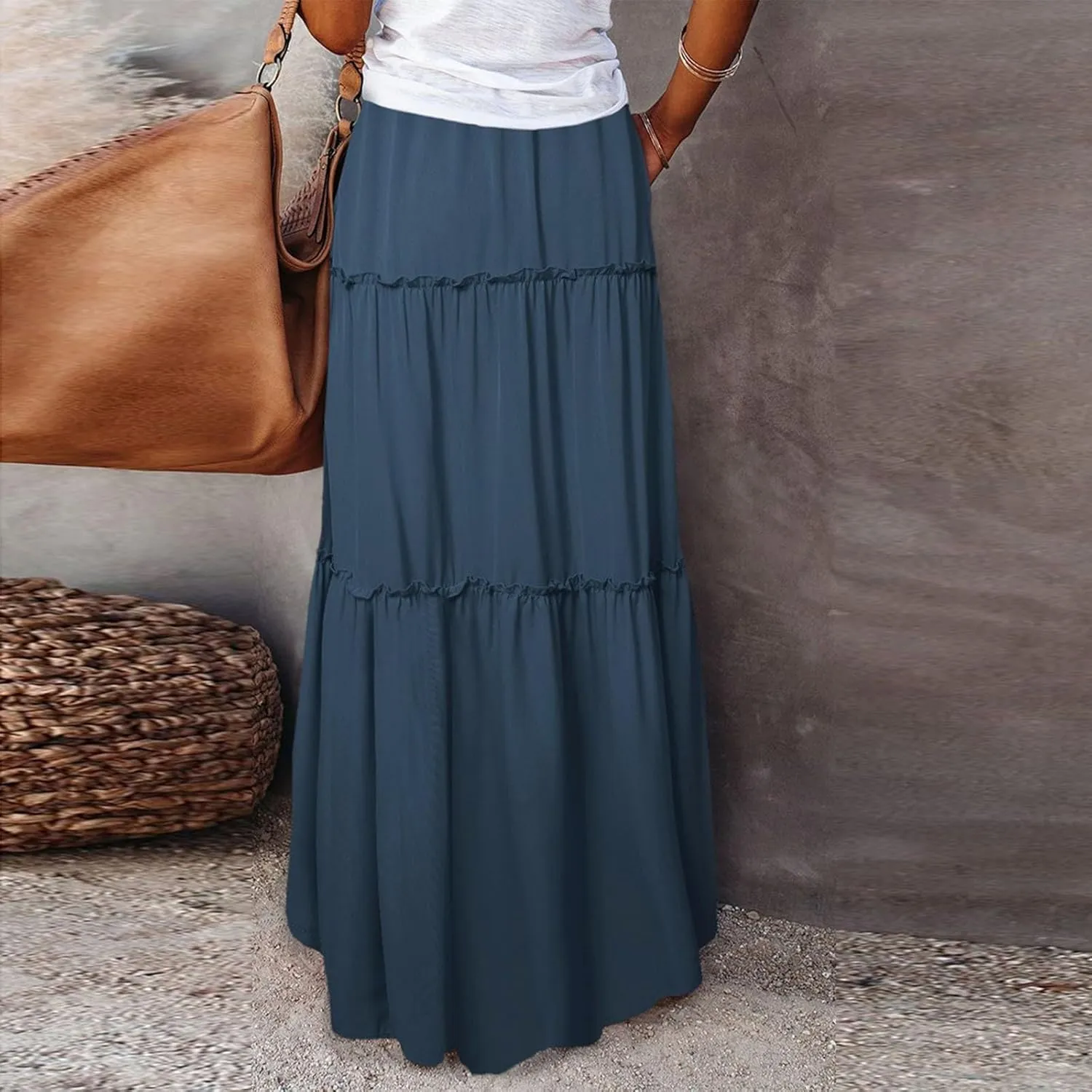 Long Skirts for Women Elegant Summer Boho Skirt Flowy Tiered Ruffle A Line Skirt Smocked Elastic Tie Waist Skirts