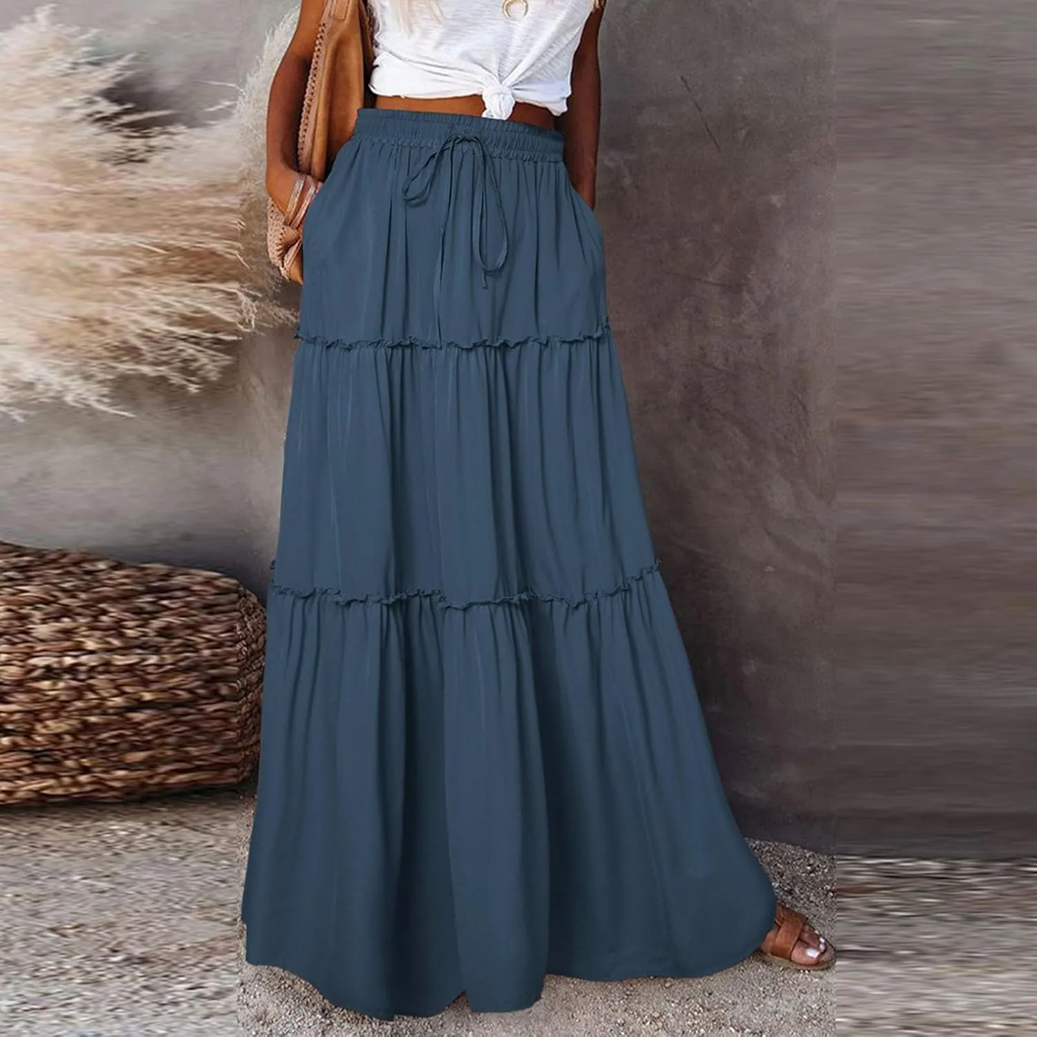 Long Skirts for Women Elegant Summer Boho Skirt Flowy Tiered Ruffle A Line Skirt Smocked Elastic Tie Waist Skirts