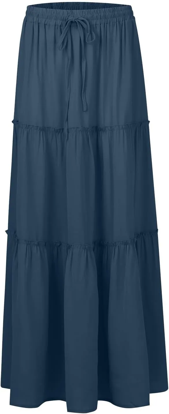 Long Skirts for Women Elegant Summer Boho Skirt Flowy Tiered Ruffle A Line Skirt Smocked Elastic Tie Waist Skirts