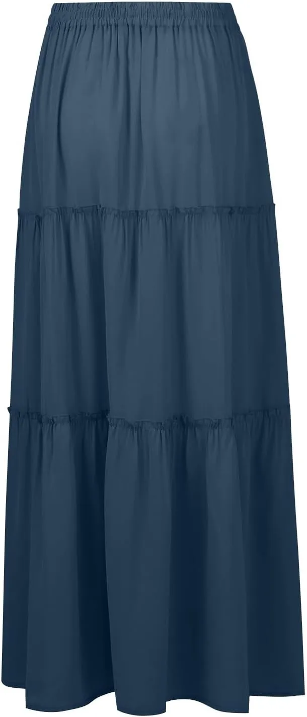 Long Skirts for Women Elegant Summer Boho Skirt Flowy Tiered Ruffle A Line Skirt Smocked Elastic Tie Waist Skirts