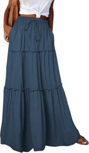 Long Skirts for Women Elegant Summer Boho Skirt Flowy Tiered Ruffle A Line Skirt Smocked Elastic Tie Waist Skirts