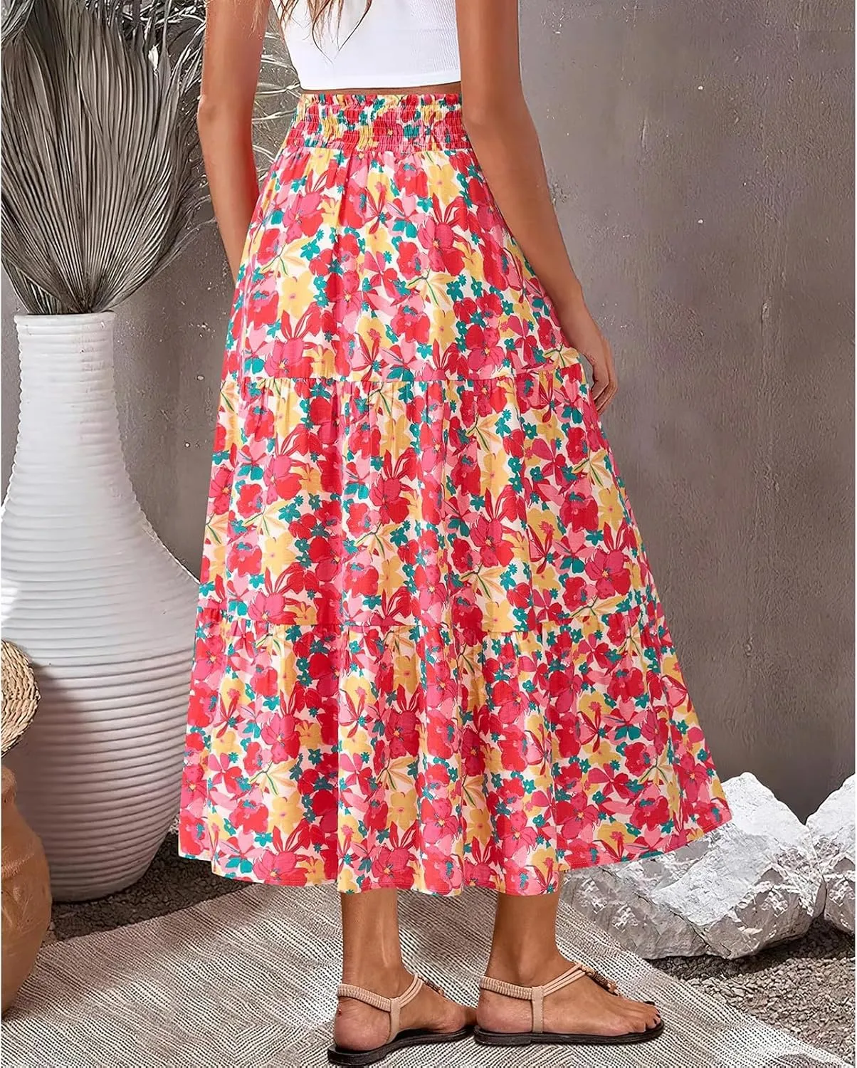Long Skirts for Women Trendy Summer High Waisted Flowy Tiered Floral Maxi Skirts Casual A-Line Pleated Boho Skirt