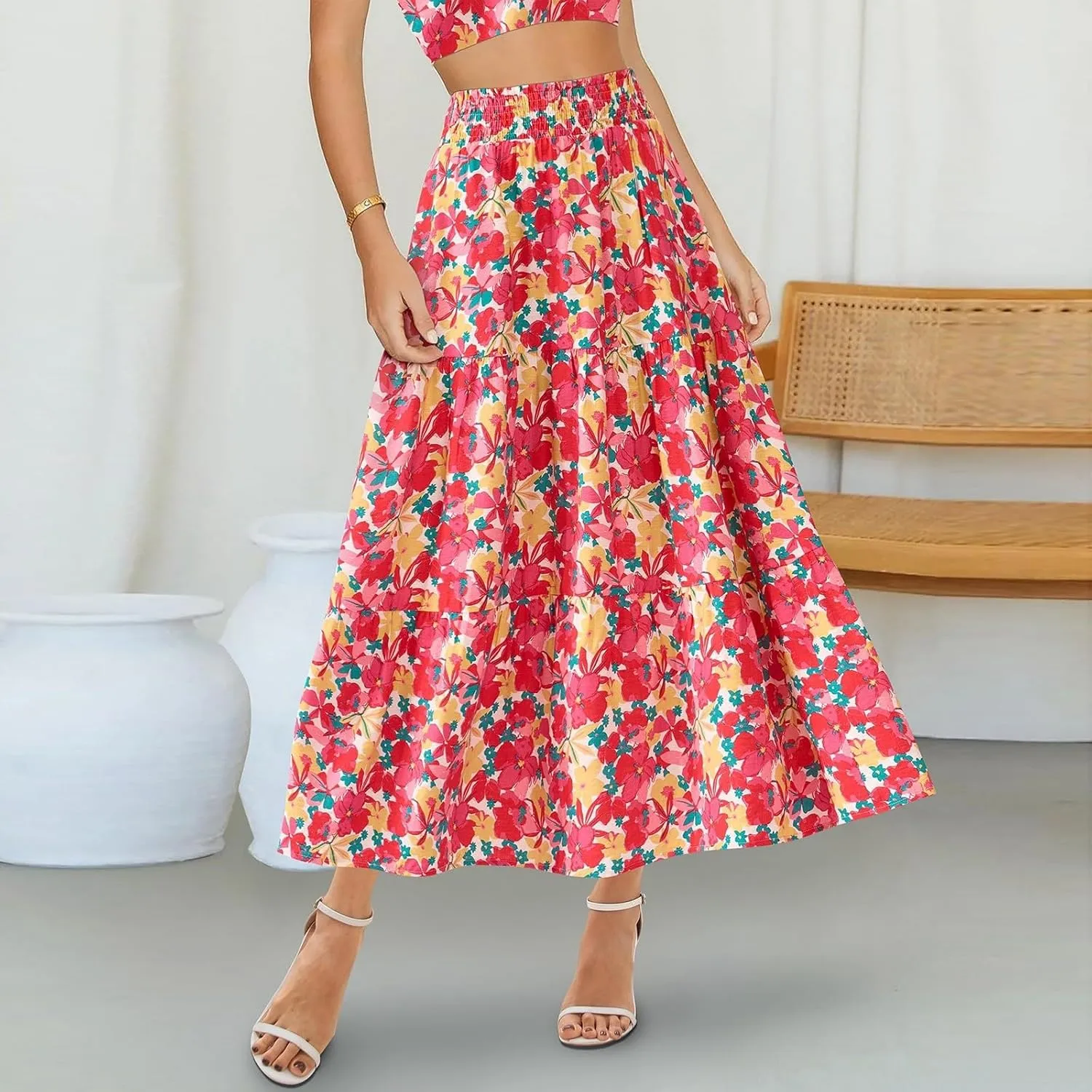 Long Skirts for Women Trendy Summer High Waisted Flowy Tiered Floral Maxi Skirts Casual A-Line Pleated Boho Skirt