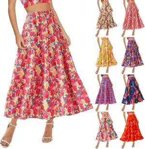 Long Skirts for Women Trendy Summer High Waisted Flowy Tiered Floral Maxi Skirts Casual A-Line Pleated Boho Skirt