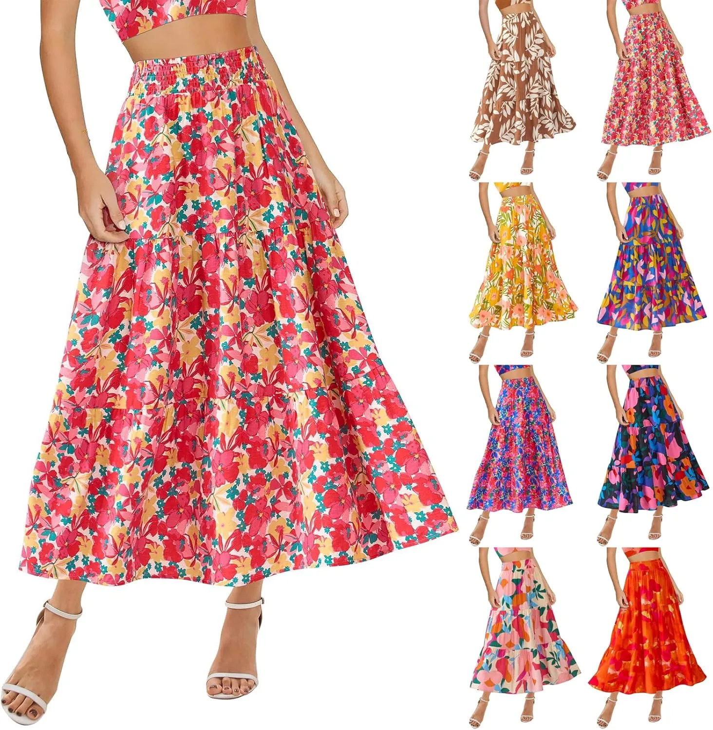 Long Skirts for Women Trendy Summer High Waisted Flowy Tiered Floral Maxi Skirts Casual A-Line Pleated Boho Skirt