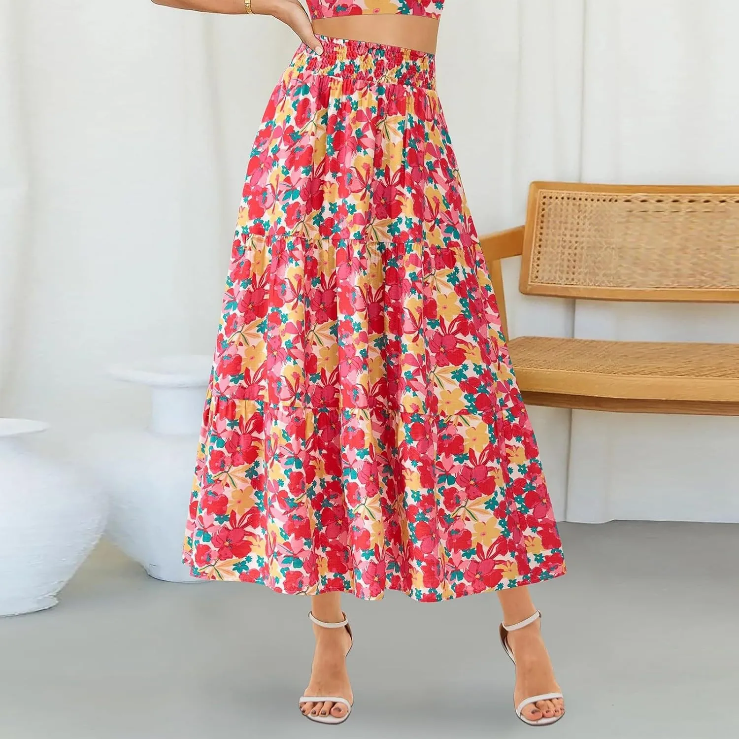 Long Skirts for Women Trendy Summer High Waisted Flowy Tiered Floral Maxi Skirts Casual A-Line Pleated Boho Skirt