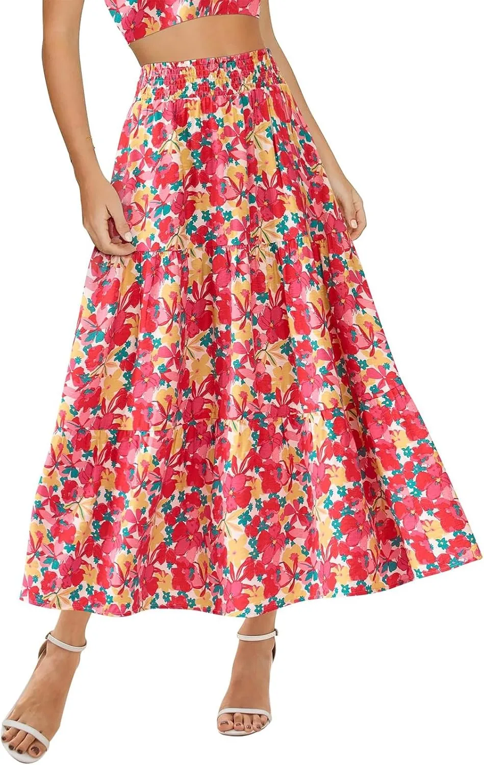 Long Skirts for Women Trendy Summer High Waisted Flowy Tiered Floral Maxi Skirts Casual A-Line Pleated Boho Skirt
