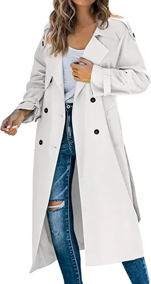Long Trench Coat for Women Double Breasted Long Trench Coats Windproof Classic Lapel Cardigan Overcoat with Belt