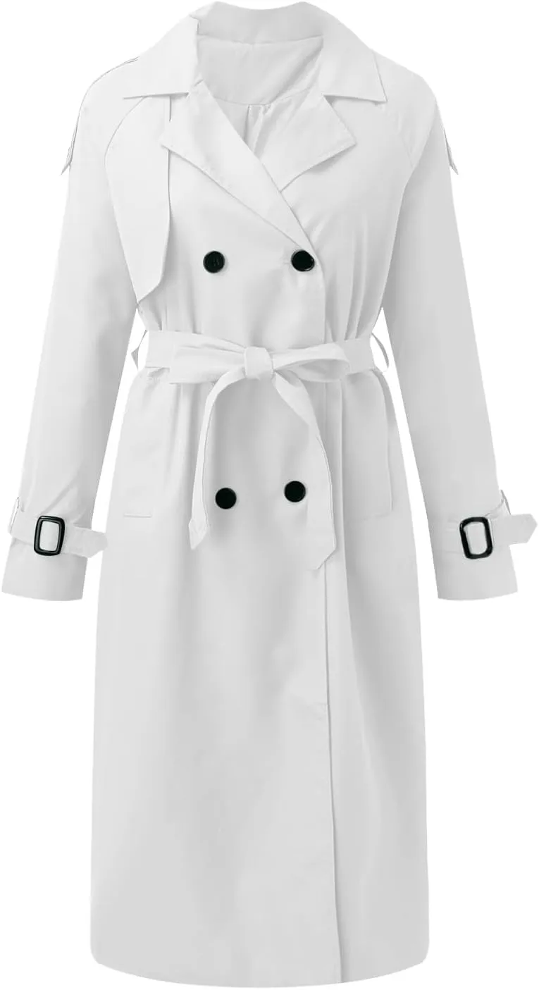 Long Trench Coat for Women Double Breasted Long Trench Coats Windproof Classic Lapel Cardigan Overcoat with Belt