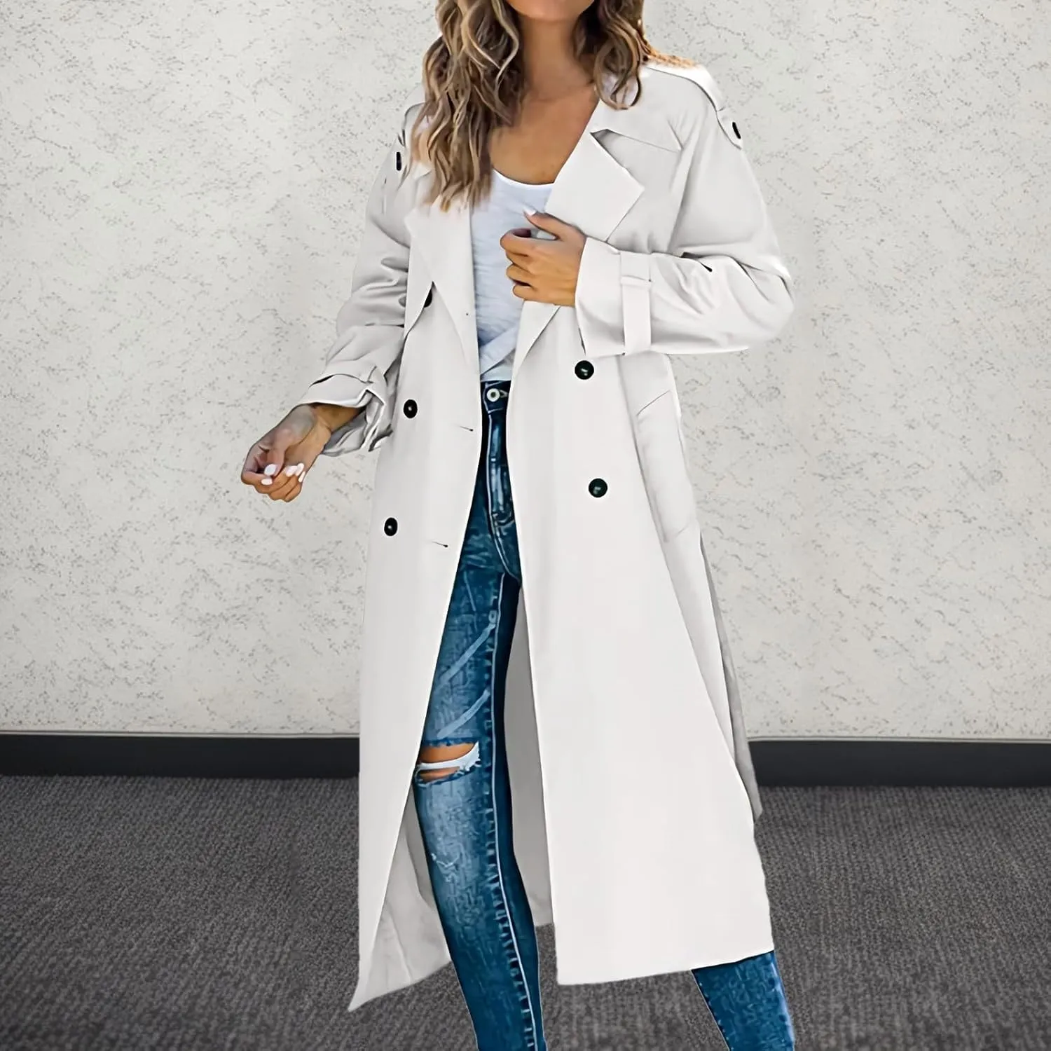 Long Trench Coat for Women Double Breasted Long Trench Coats Windproof Classic Lapel Cardigan Overcoat with Belt