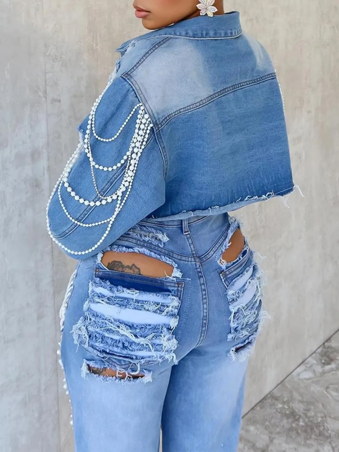 LROSEY Cropped Jean Jacket for Women Distressed Pearl Chain Crop Denim Long Sleeve Jackets 2024 Fall Winter
