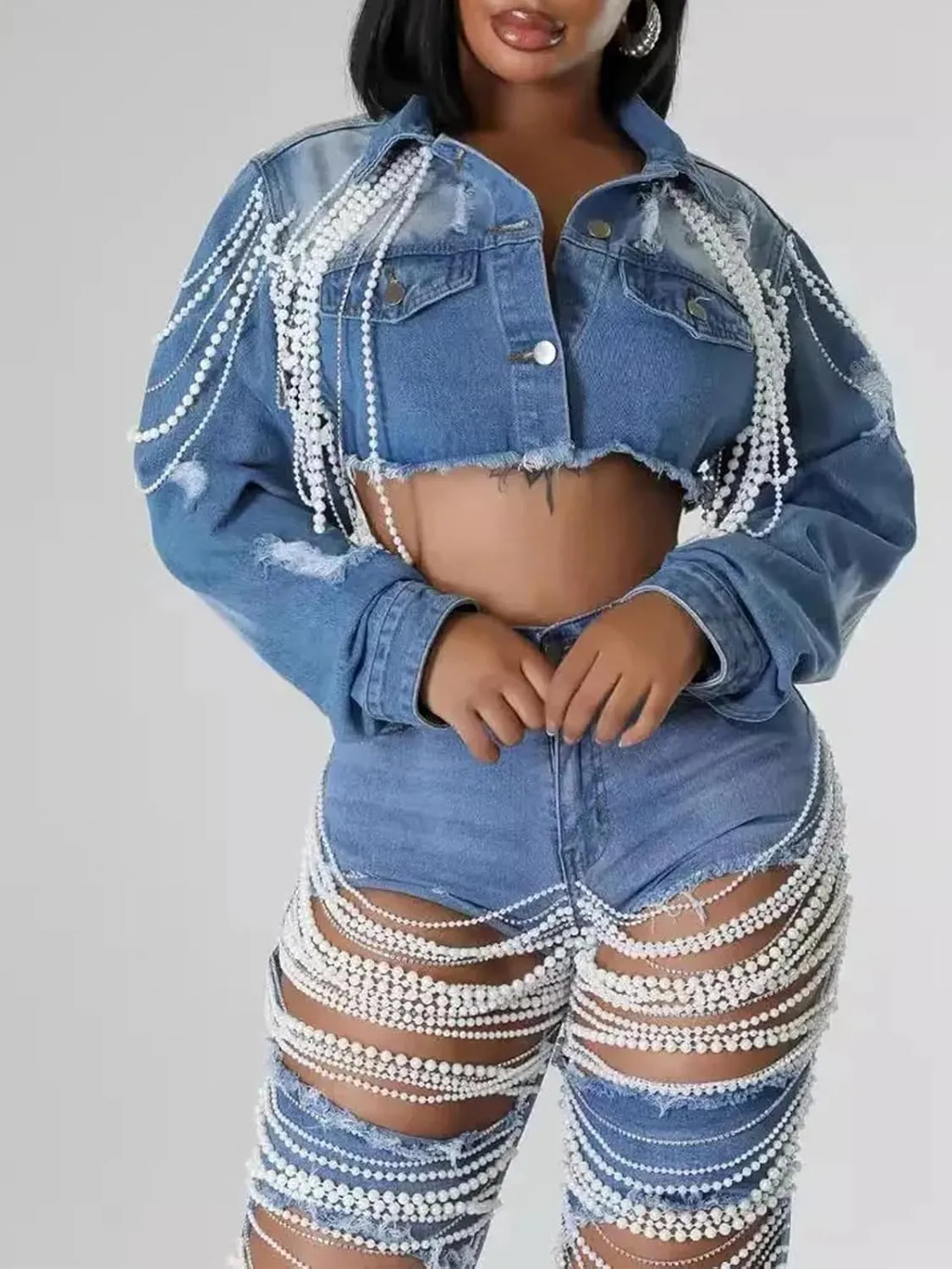 LROSEY Cropped Jean Jacket for Women Distressed Pearl Chain Crop Denim Long Sleeve Jackets 2024 Fall Winter