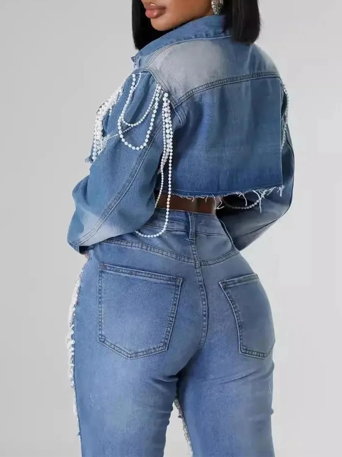 LROSEY Cropped Jean Jacket for Women Distressed Pearl Chain Crop Denim Long Sleeve Jackets 2024 Fall Winter