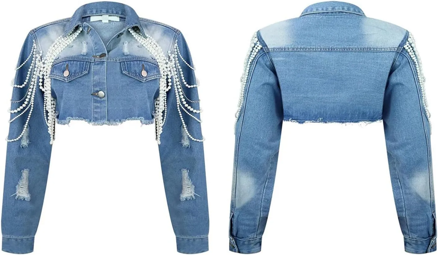 LROSEY Cropped Jean Jacket for Women Distressed Pearl Chain Crop Denim Long Sleeve Jackets 2024 Fall Winter