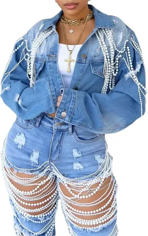 LROSEY Cropped Jean Jacket for Women Distressed Pearl Chain Crop Denim Long Sleeve Jackets 2024 Fall Winter
