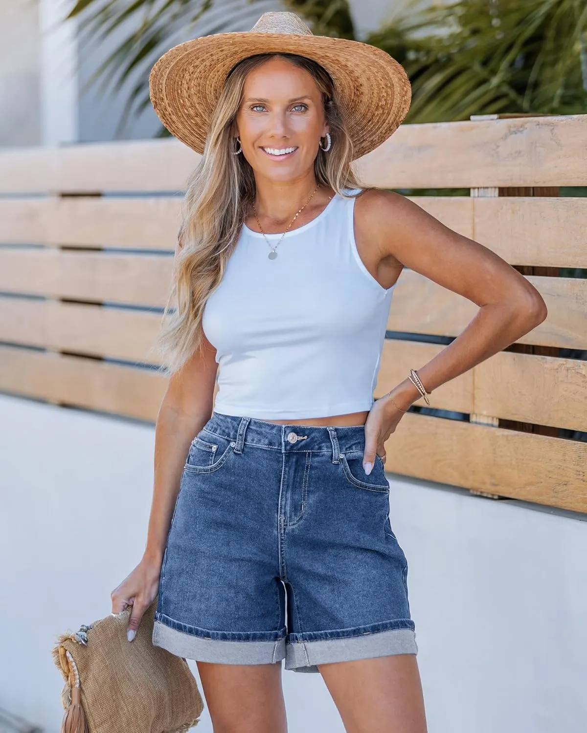 luvamia Jean Shorts for Women Trendy High Waisted Mid Thigh Fold Hem Cutoff Casual Summer Stretchy Denim Shorts Jorts