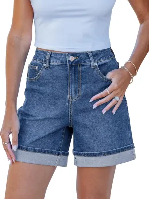 luvamia Jean Shorts for Women Trendy High Waisted Mid Thigh Fold Hem Cutoff Casual Summer Stretchy Denim Shorts Jorts